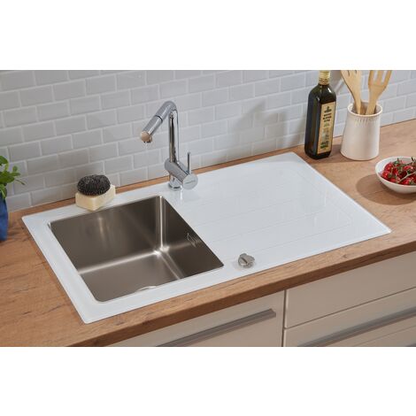 Respekta – Évier en verre 1 bac à encastrer réversible – Dimensions 86 x 50 cm – Verre ESG 8 mm – Acier inox 304 – Résistance jusqu'à 180 °C
