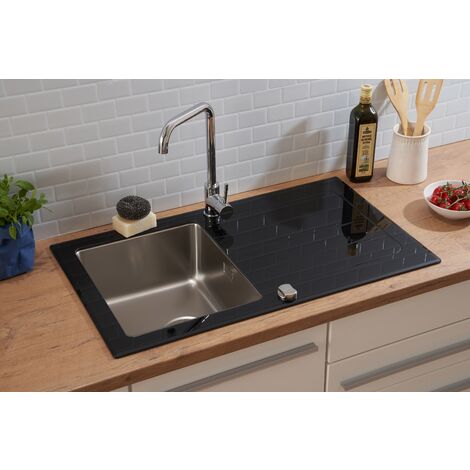 Respekta – Évier en verre noir 1,5 bac – Encastrable réversible – 2 trous de robinet – Verre ESG 8mm – Acier inox 304 – Dimensions 86 x 50 cm