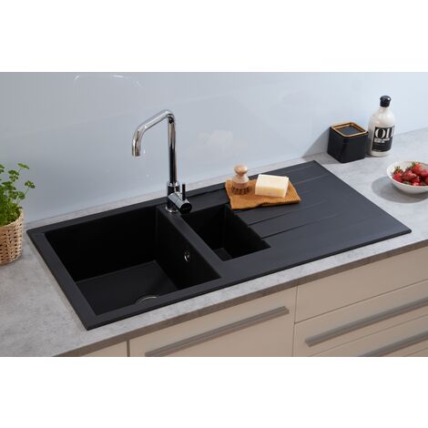Respekta – Évier encastré 1,5 bac 100 x 50 cm en minéralite noir – Montage réversible – Résistant aux chocs et produits chimiques – Pour meubles bas 60 cm