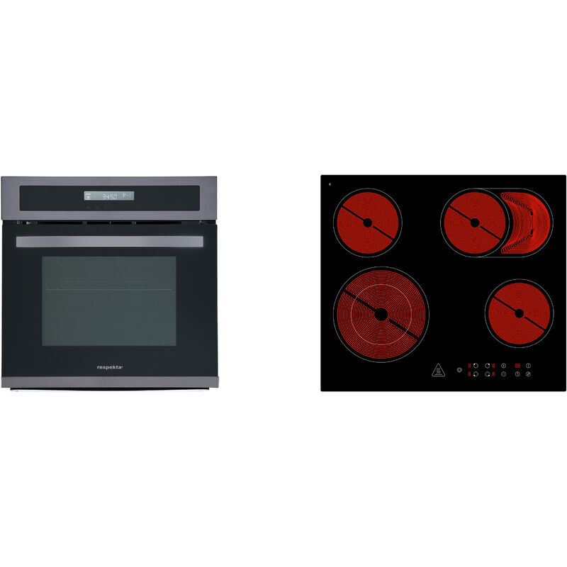 Respekta - Four encastrable Cuisinière Black Steel + table de cuisson vitrocéramique Set