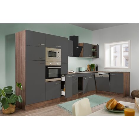 L-Form Einbauküche Küchenzeile 230x210cm grau schwarz Hochglanz Modern 161845 