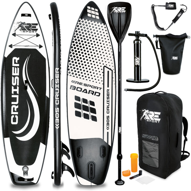 

RE:SPORT Tabla SUP Hinchable 305cm Negro | Tabla Paddle Surf | Stand-Up Board | Accesorios Completos + Bomba + Remo Ajustable | Para Principiantes y