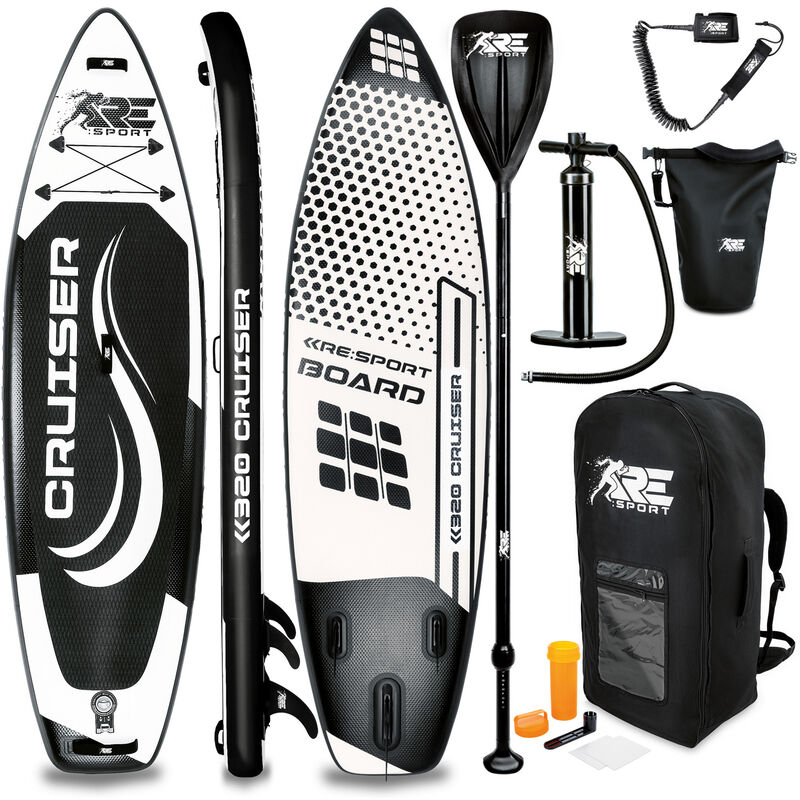 

RE:SPORT Tabla SUP Hinchable 320cm Negro | Tabla Paddle Surf | Stand-Up Board | Accesorios Completos + Bomba + Remo Ajustable | Para Principiantes y