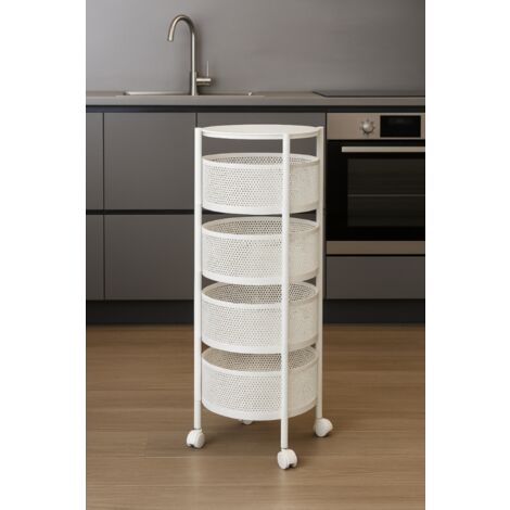 Resserre 4 paniers rotatifs sur roues en acier blanc  H 75 cm x D 30 cm  Etagère de rangement cuisine, salle de bain, bureau.. - Livraison gratuite