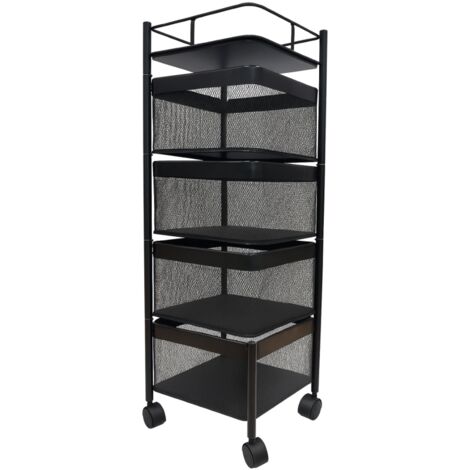 Resserre Métallique Carrée 4 Niveaux à Roulettes  Noir  Rangement Cuisine/Bureau/Salle de Bain  28 x 28 x H 75 cm - Livraison gratuite