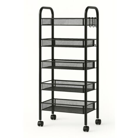 DECONATION Resserre Métallique Rectangulaire 5 Niveaux à Roulettes - Noir - Desserte de Rangement - L 39 x P 23 x H 96 cm - Livraison gratuite