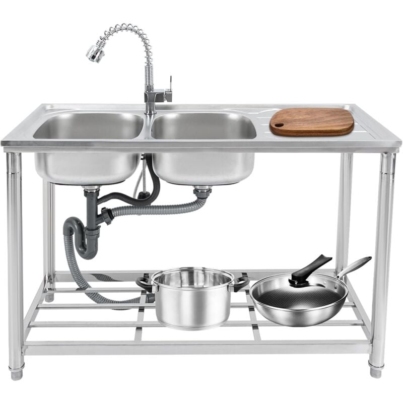 Gojoy - Restaurant évier double évier avec banc de travail mobile évier en acier inoxydable évier 2 bassin un robinet extensible autoportant évier