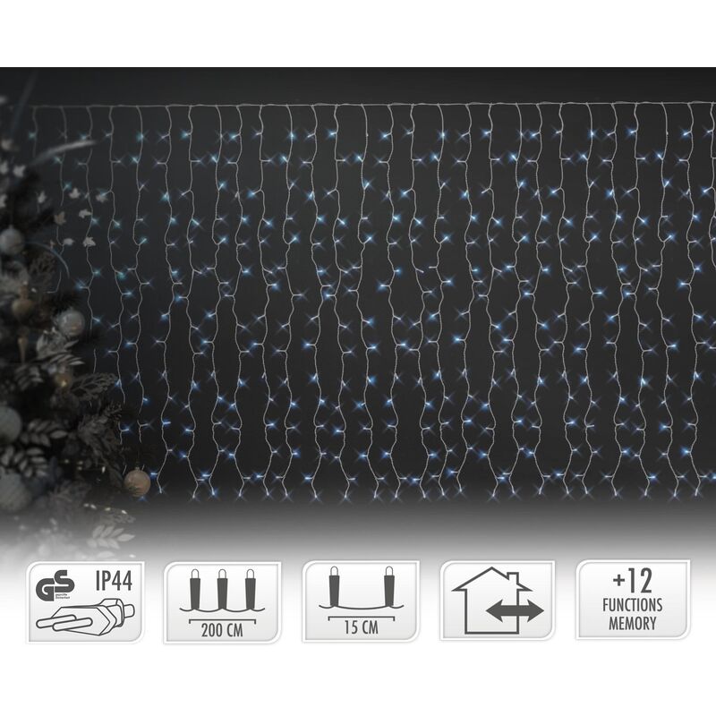 Image of Tenda Luminosa Natale Effetto a Pioggia 240 Luci led 2 x 1,5 m in pvc Bianco 12 Modalità Bianco Freddo Impermeabile IP44 Ghirlanda Illuminazione