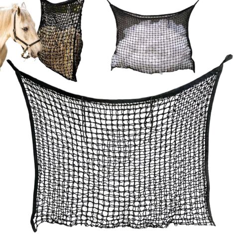 Rete per fieno, rete per fieno per cavalli 120 x 90 cm, rete per alimentazione cavalli, sacco per fieno con rete, rete per fieno extra large per pony, capre, animali (nero)