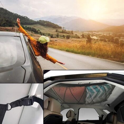 Rete portaoggetti da tetto per auto, organizer multifunzionale con cerniera, borsa portabagagli universale per quattro braccioli del tetto per SUV, furgoni, 8053 cm (con coulisse)