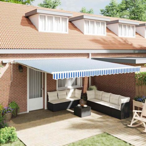 Retractable Awning with Blue and white 5 x 3 m Fabric and metal vidaXL