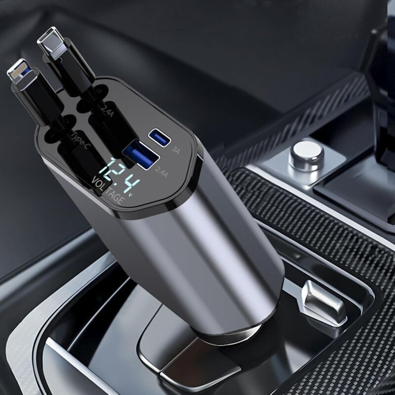 Retractable Chargeur Voiture, Chargeur de voiture 4 en 1 à charge ultra rapide Max 100 W, câble rétractable Adaptateur de Chargeur de Voiture pour