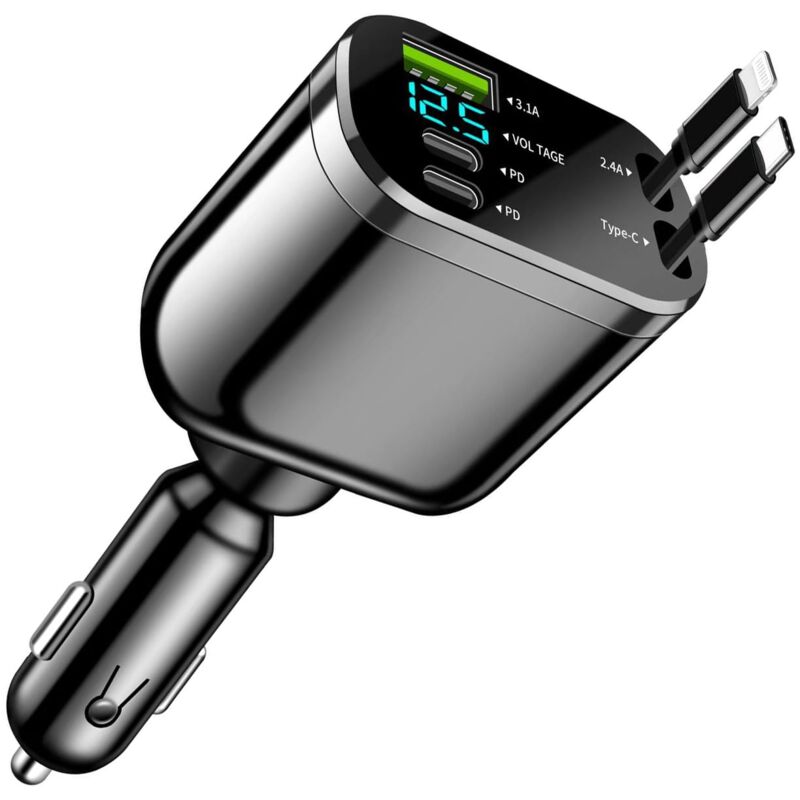 Rétractable Chargeur Voiture, USB C Accessoire Voiture Interieur, 60W Chargeur Allume Cigare, Voyage Accessoires, Adaptateur Allume Cigare USB pour