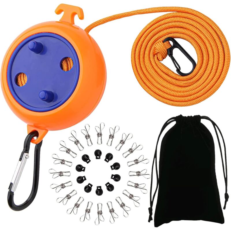 Retractable Clothes Line, Portable Non-Slip Washing Line, 10 m, 10 Retaining Loops and 20 Pegs, for Indoor Outdoor Camping Travel Accessories (Orange)