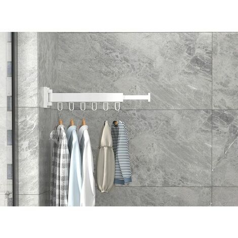 Retractable Wall Mounted Coat Rack With Towel Bar, Folding 1x, Max Load 20KG, White, For Balcony And Bedroom