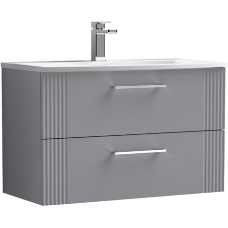 Retro 2 Drawer Wall Hung Vanity Unit with Curved 1 Tap Hole Ceramic Basin - 800mm - Satin Grey - Balterley