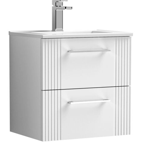 Retro 2 Drawer Wall Hung Vanity Unit with Minimalist 1 Tap Hole Ceramic Basin - 500mm - Satin White - Balterley