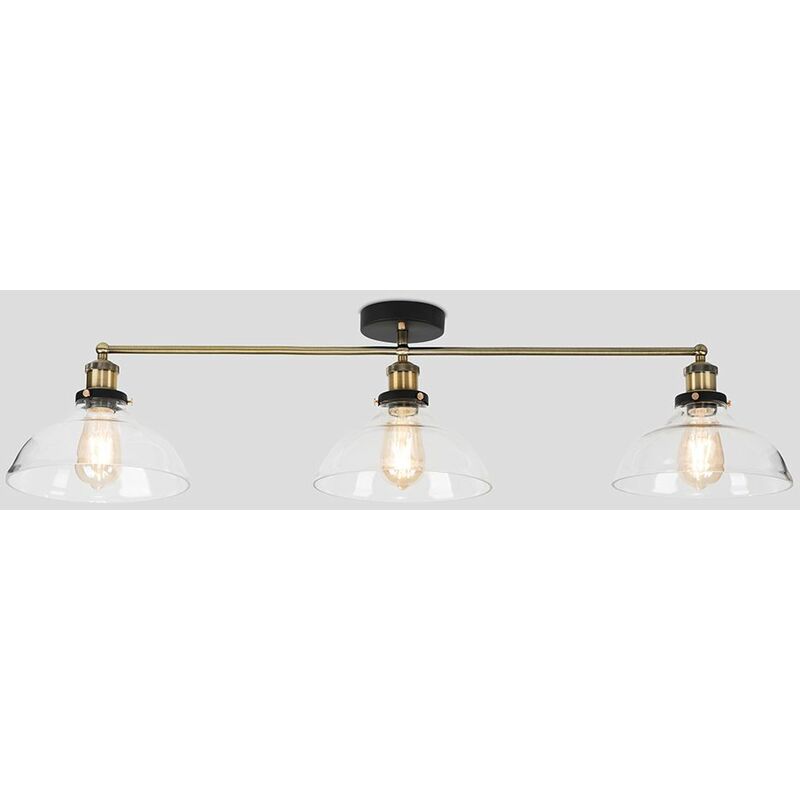 Retro 3 Way Black Gold Ceiling Light Fitting With Wide Clear Glass Light Shades 4w Led Filament Bulbs Warm White