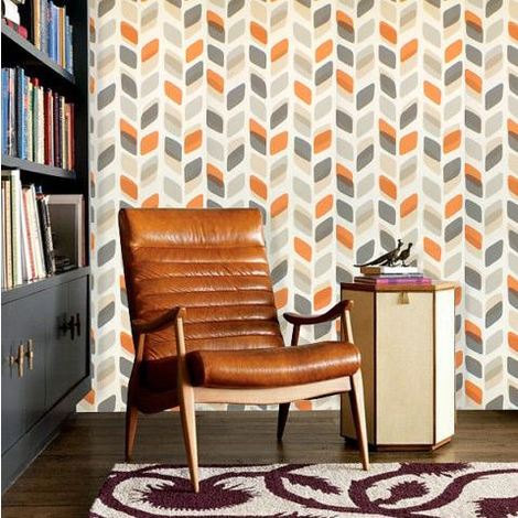 Retro 60s 70s Wallpaper Vintage Geometric Abstract Leaf Beige Grey Orange