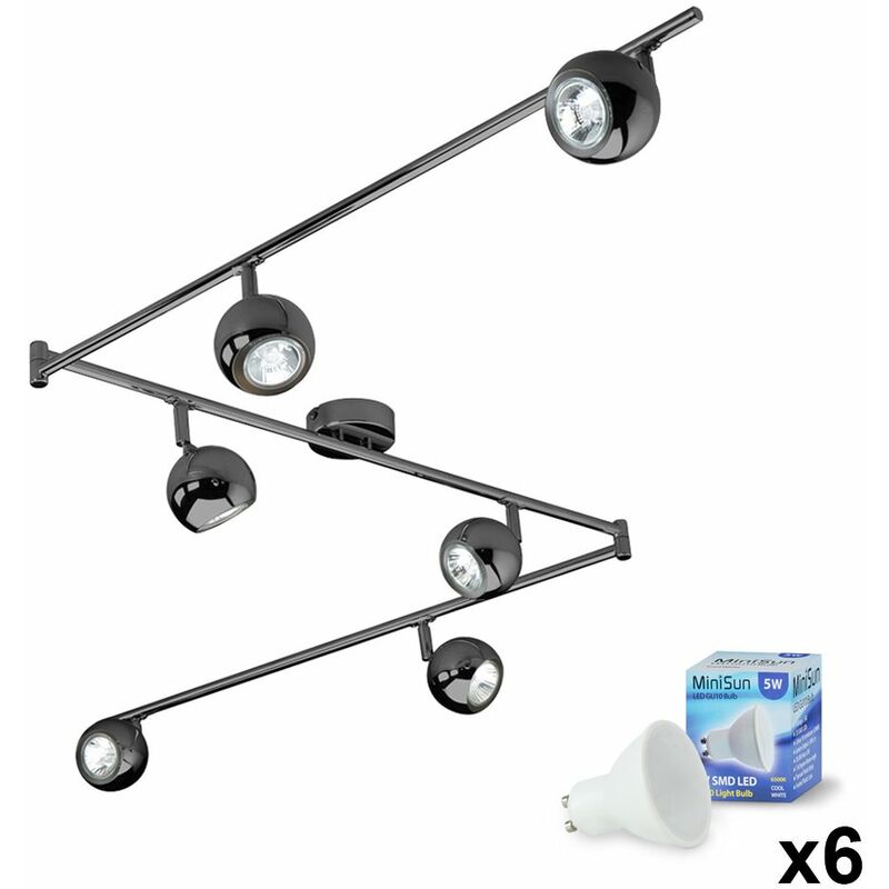 Adjustable 6 Way Eyeball Ceiling Spotlight + Cool White GU10 LED Bulbs - Black Chrome