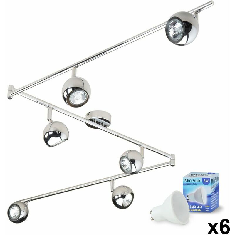 Adjustable 6 Way Eyeball Ceiling Spotlight + Cool White GU10 LED Bulbs - Chrome