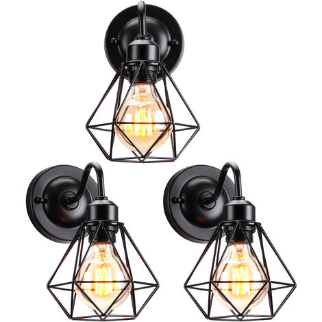 Rétro Applique Mural Industrielle Cage Diamant E27 Lampe Eclairage Décor Noir 3PCS