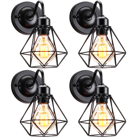 Rétro Applique Mural Industrielle Cage Diamant E27 Lampe Eclairage Décor Noir 4PCS