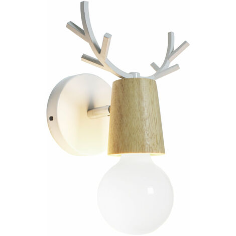 Rétro Applique Murale Simple Créatif Lampe de Mur Fer et Bois E27 Base Tête de Cerf Nordique Style Art Déco pour Chambre, Salon, Chambre d'enfants, Restaurant, Couloir, Escaliers,Blanc