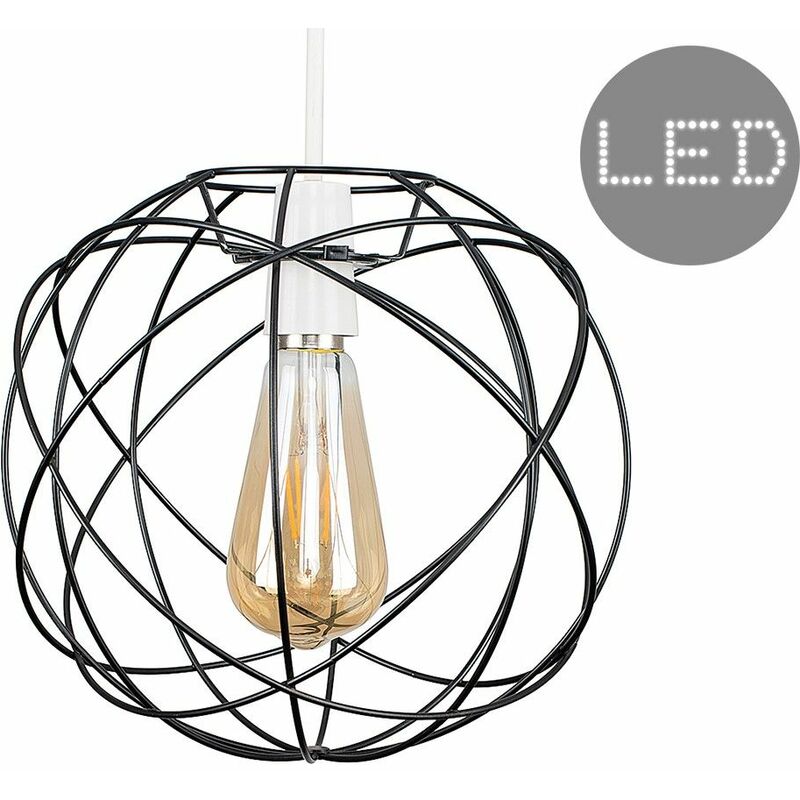 Atom Metal Basket Cage Ceiling Pendant Light Shade - Matt Black - Including LED Bulb
