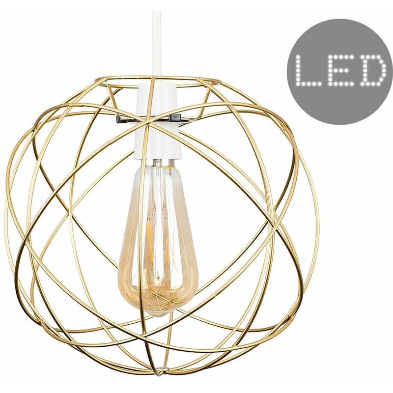 Atom Metal Basket Cage Ceiling Pendant Light Shade - Gold - Including LED Bulb