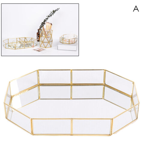 Retro Brass Storage Tray Glass Makeup Organizer Tray Dessert Snack Plate Jewelry Display Stand Home Kitchen Decor