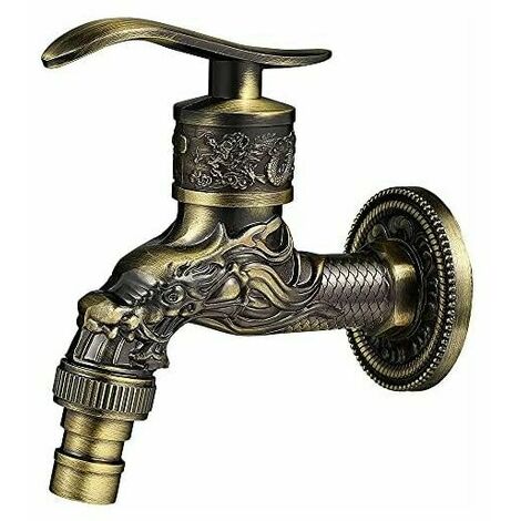 Retro Brass Wall Mounted Faucet, G1/2" Outdoor Garden Faucet, Antique Brass Faucet, Vintage Wall Mounted Faucet, Antique Copper Dragon Carved Faucet for Kitchen Bath Garden