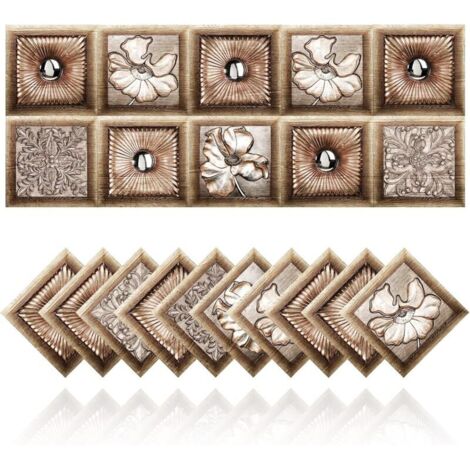 Rétro Carrelage Autocollants Salle De Bains Cuisine Carrelage Adhesif Mural Stickers DIY Étanche À l'huile PVC Auto-Adhésif Décoration Maroc Style Marron Fleurs (10x10cm)