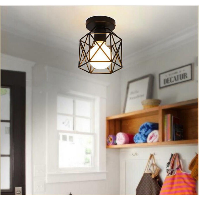 Ceiling Light Fixture E27 Metal Cage Ceiling Lamp For Bedroom Kitchen - Black - Black