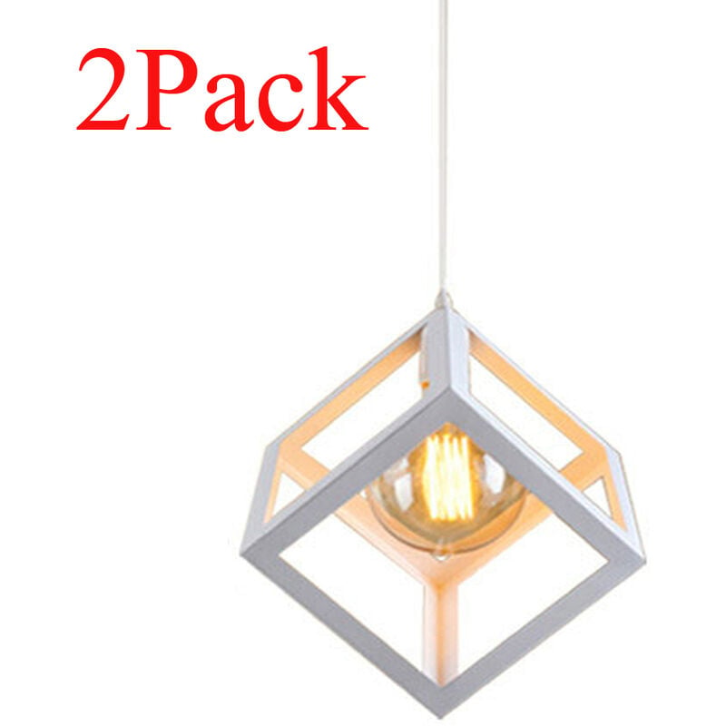 2pcs Creative Pendant Light Square, Modern Metal Geometric Hanging Ceiling Lamp Cube Cage Chandelier Fixture (White)