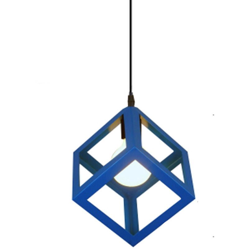 Retro Ceiling Light Modern Hanging Lamp Square Pendant Light (Color:Blue) Metal Iron Cage Pendant Light Creative Geometric Pendant Lamp