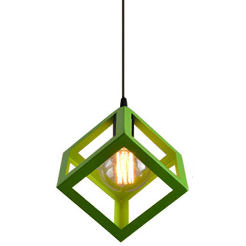 Creative Square Pendant Light Modern Metal Geometric Hanging Ceiling Lamp Cube Cage Chandelier Fixture (Green)
