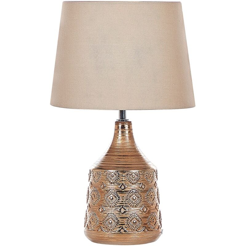 Retro Ceramic Bedside Table Lamp with Beige Empire Shade Golden Brown Wari - Beige