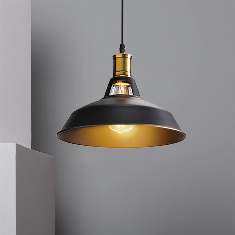 Vintage Pendant Light, Hanging Light with Dome Metal Lampshade, Retro Industrial Chandelier (Black, Ø27cm)