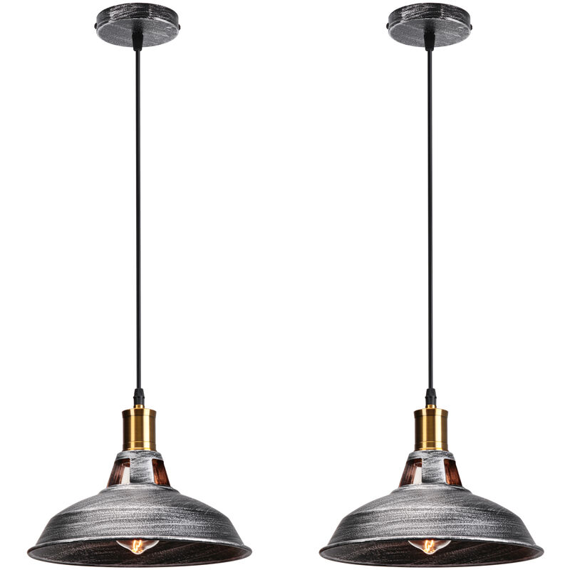 Vintage Metal Chandelier, Hanging Light with Dome Lampshade, Retro Industrial Pendant Light Ø27cm Grey, 2PCS