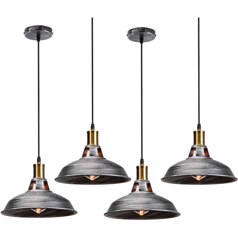 Vintage Metal Chandelier, Hanging Light with Dome Lampshade, Retro Industrial Pendant Light Ø27cm Grey, 4PCS