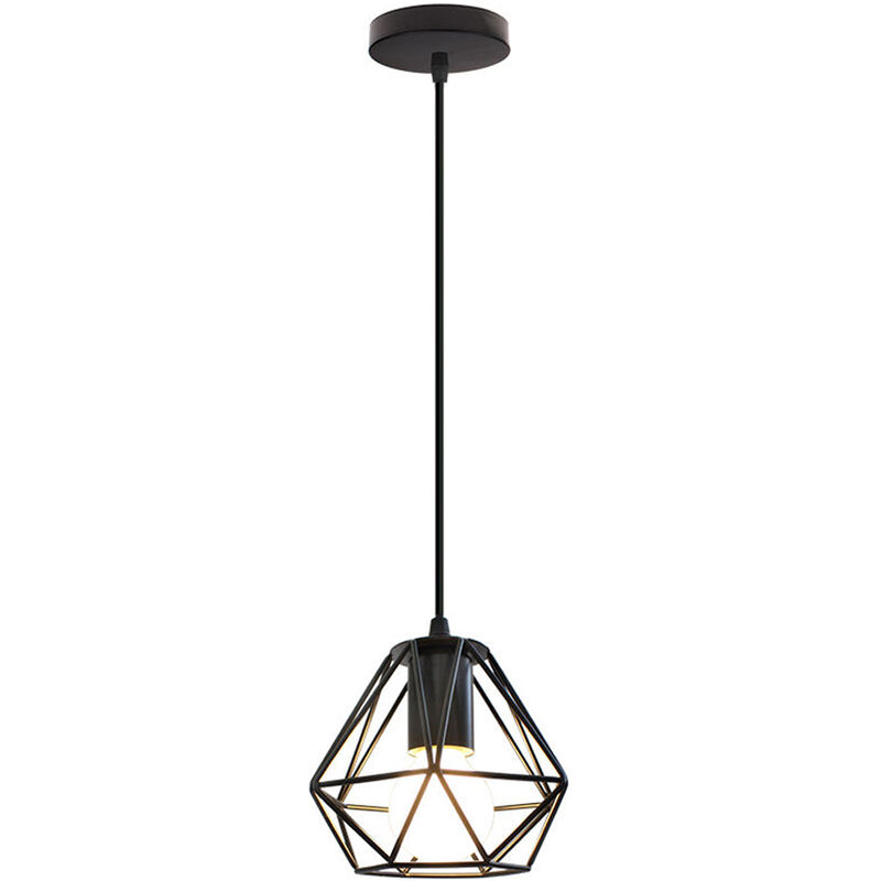 Vintage Pendant Lighting Fixture, Industrial Ø16cm Mini Diamond Shape Metal Hanging Ceiling Lamp, Chandelier with Black Cage Lampshade for Bedroom