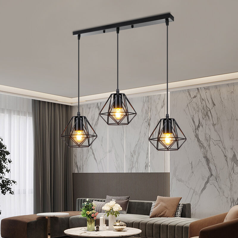 Industrial Pendant Lighting Fixture Black, Vintage Retro Metal Hanging Ceiling Lamp, 3 Lights Chandelier with Ø16cm Mni Damond Cage Lampshade for