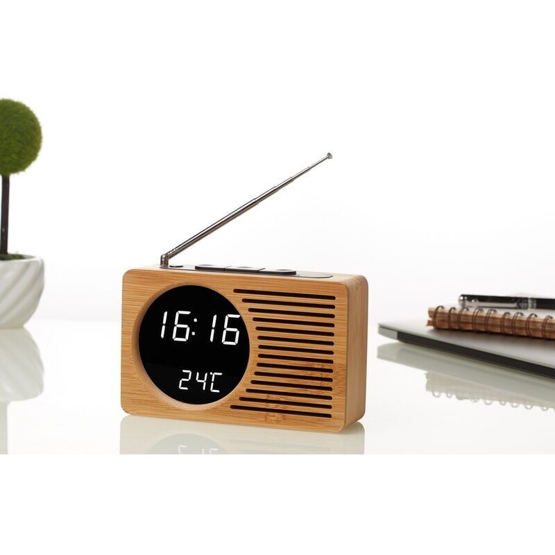 Image of Retro comodino in legno Radio sveglia pigra Sveglia muta Regalo creativo Orologio elettronico 16,5 4,5 9 cm Specchio di bambù Luce bianca reale