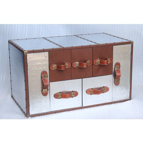 Retro Couchtisch 94 x 51 x 51 cm Aluminium Holz Leder mit Schubladen Fächer Wohnzimmertisch