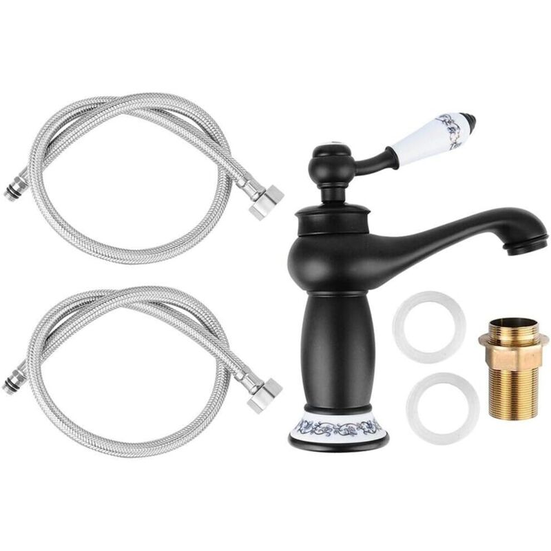 Rétro de Lavabo Évier en Céramique, Antique Vintage Mitigeur Robinet, d'Eau Froide/Chaude Remplacement Décoration pour Cuisine Salle de Bain Noir