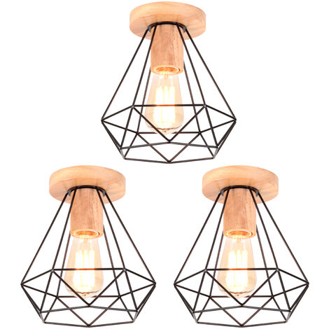 Rétro Diamant Plafonnier Industrielle Cage en Métal et Bois E27 40W Noir 3PCS