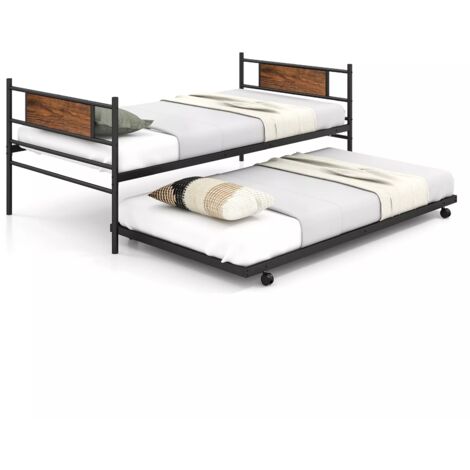 Retro Double Bed Mattress Foundation with Metal Slat Support & Pull-out Trundle