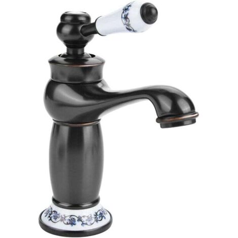 Retro Einhand-Waschtischarmatur aus Messing und Keramik, blau und weiß, Porzellan, langer Hals, Vintage-Blumenmuster, mit Einlass, Kalt-/Warmwasserhahn, Küche, Badezimmer (schwarz)