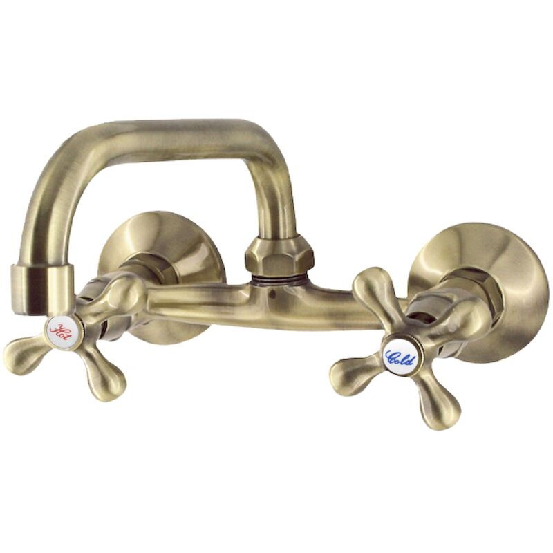Retro Elegant Wall Mounted Antique Brass Bathroom Tap 15cm Spout